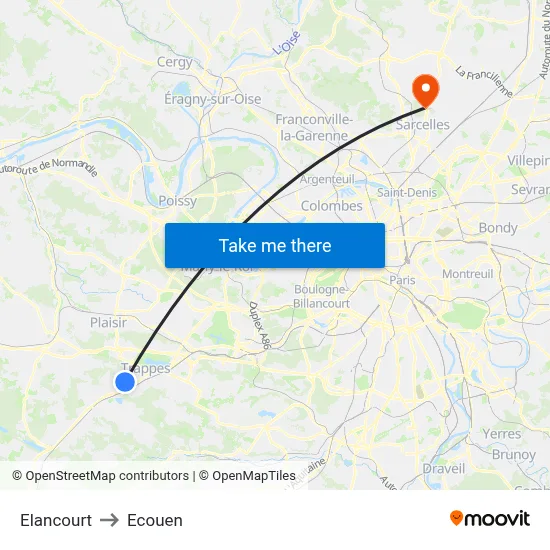 Elancourt to Ecouen map