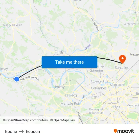 Epone to Ecouen map