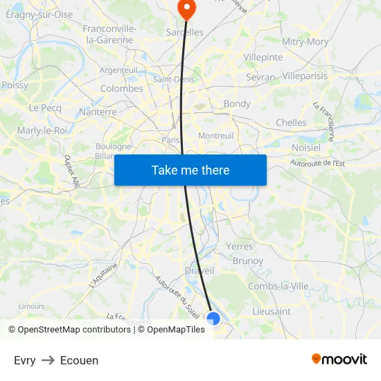 Evry to Ecouen map
