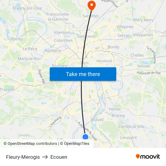 Fleury-Merogis to Ecouen map
