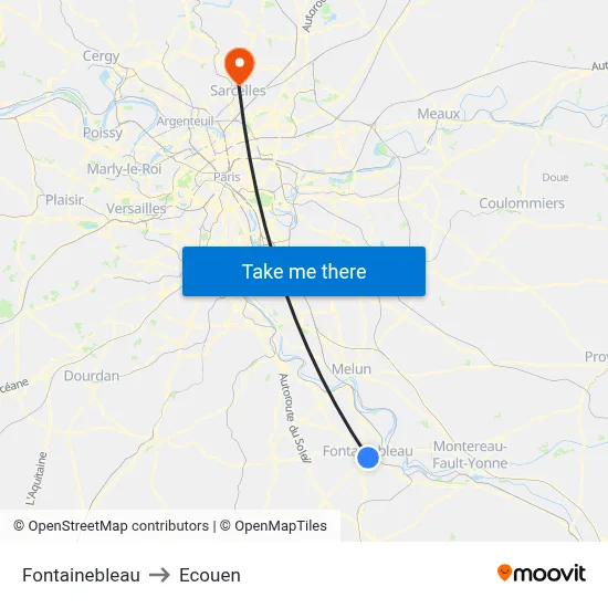 Fontainebleau to Ecouen map