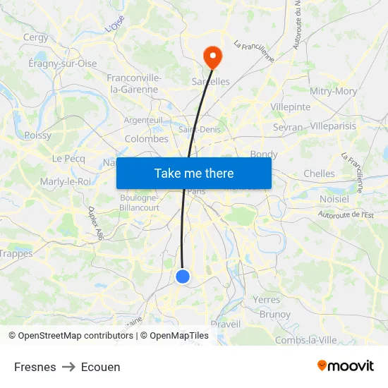 Fresnes to Ecouen map