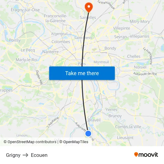 Grigny to Ecouen map