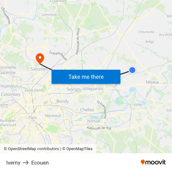 Iverny to Ecouen map