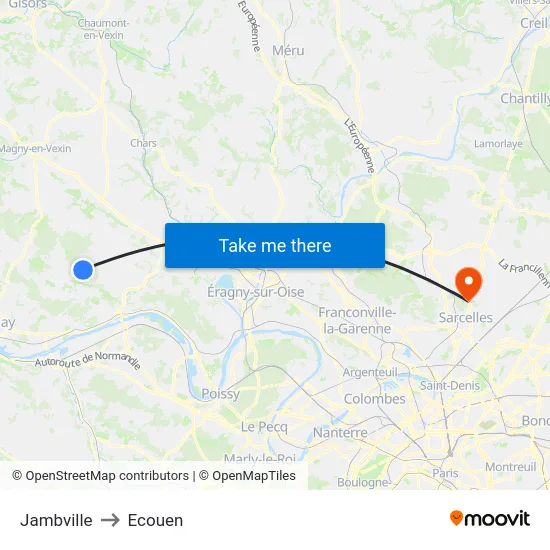 Jambville to Ecouen map