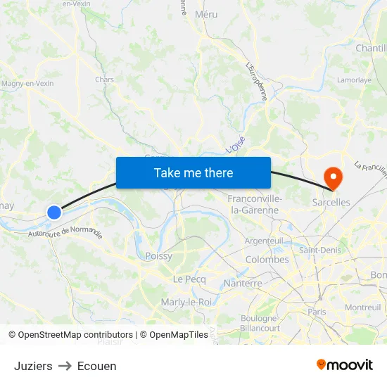 Juziers to Ecouen map