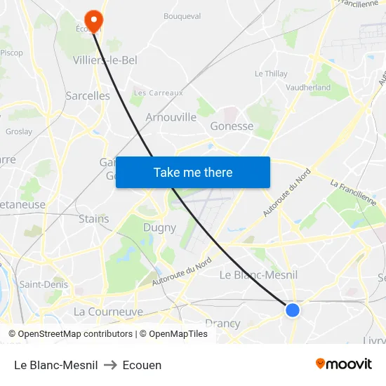 Le Blanc-Mesnil to Ecouen map