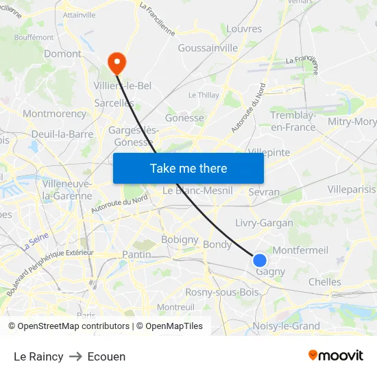 Le Raincy to Ecouen map
