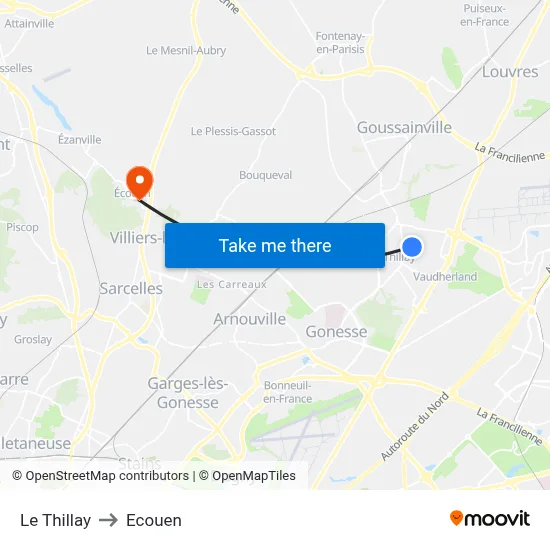 Le Thillay to Ecouen map