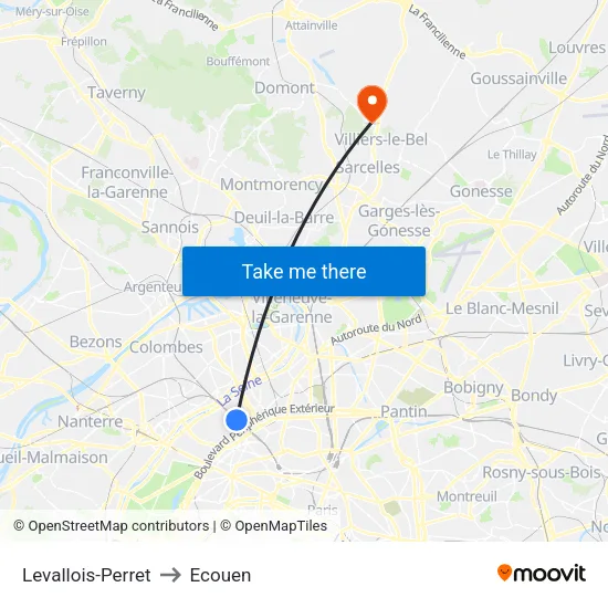 Levallois-Perret to Ecouen map