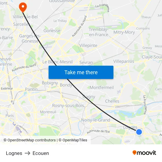 Lognes to Ecouen map