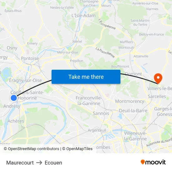 Maurecourt to Ecouen map