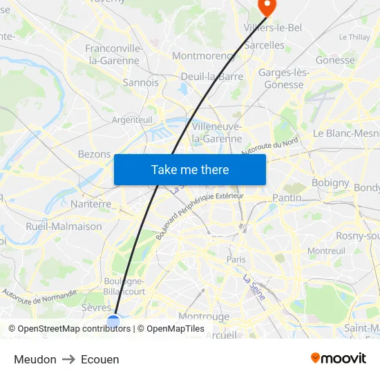Meudon to Ecouen map