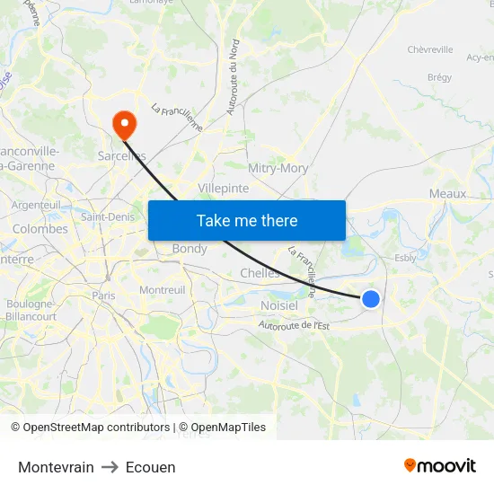 Montevrain to Ecouen map