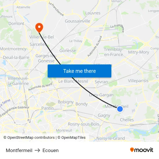 Montfermeil to Ecouen map