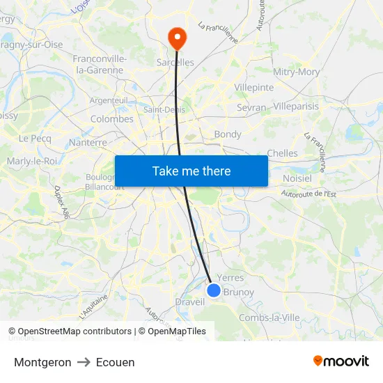 Montgeron to Ecouen map