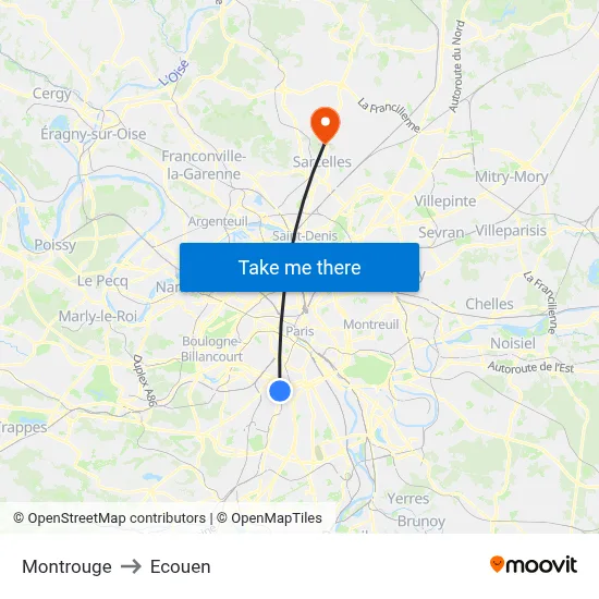 Montrouge to Ecouen map