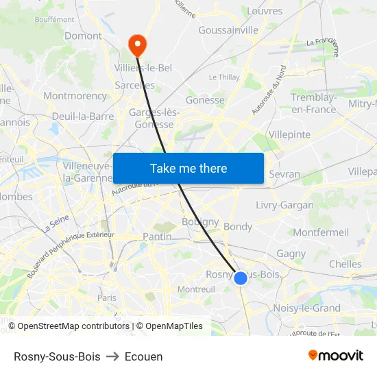 Rosny-Sous-Bois to Ecouen map