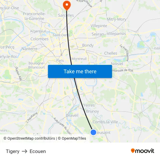 Tigery to Ecouen map
