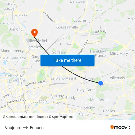 Vaujours to Ecouen map