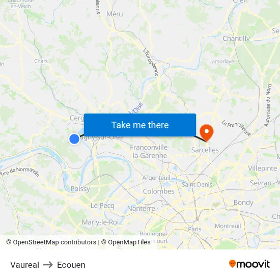 Vaureal to Ecouen map