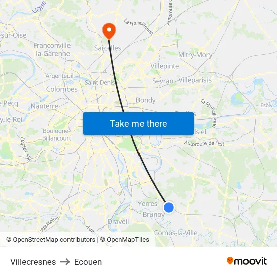 Villecresnes to Ecouen map