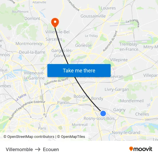 Villemomble to Ecouen map