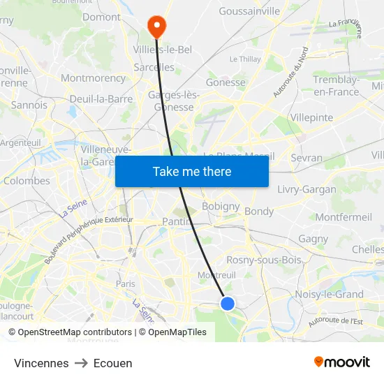 Vincennes to Ecouen map