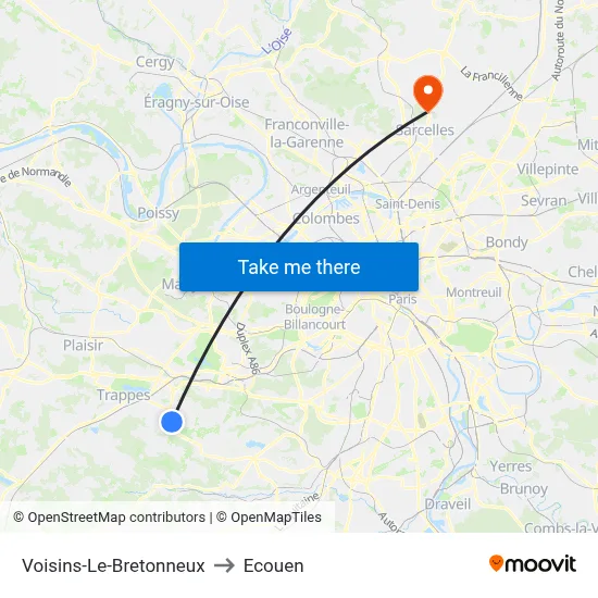 Voisins-Le-Bretonneux to Ecouen map