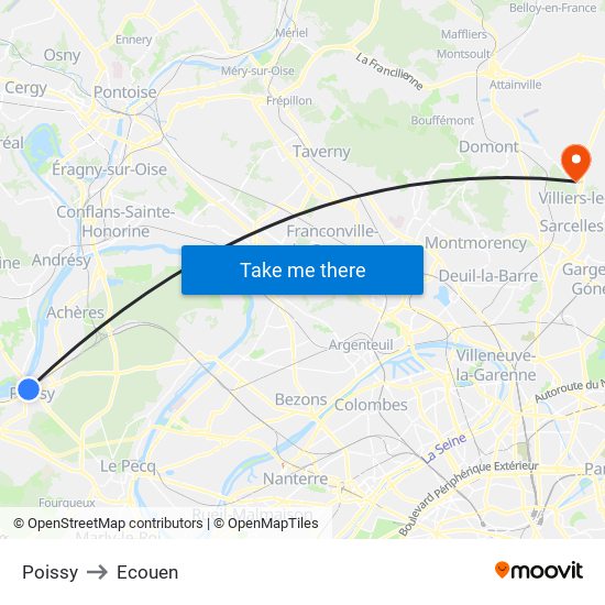 Poissy to Ecouen map