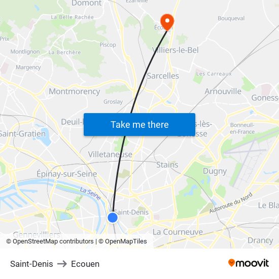 Saint-Denis to Ecouen map