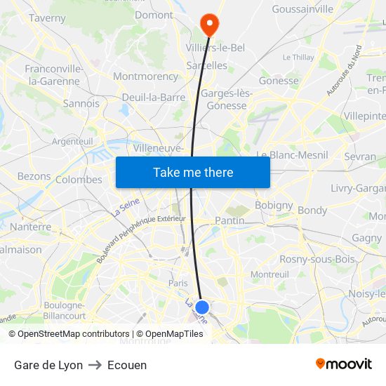 Gare de Lyon to Ecouen map