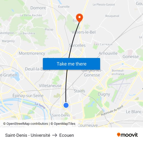 Saint-Denis - Université to Ecouen map