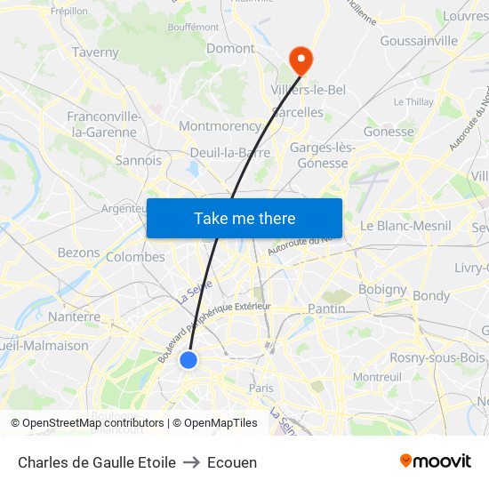 Charles de Gaulle Etoile to Ecouen map