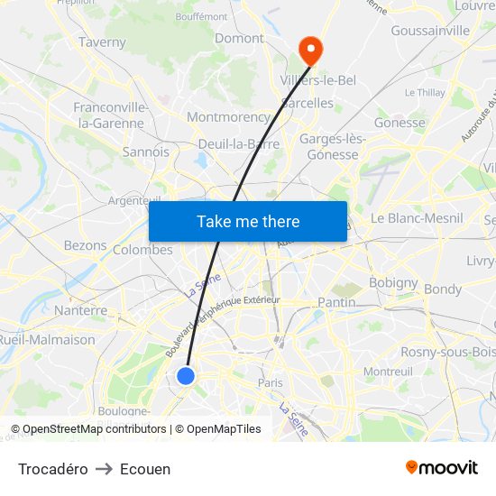 Trocadéro to Ecouen map