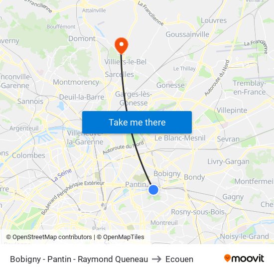 Bobigny - Pantin - Raymond Queneau to Ecouen map