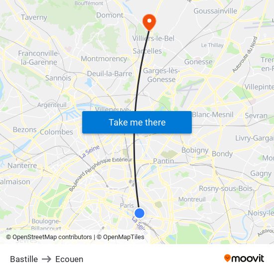 Bastille to Ecouen map