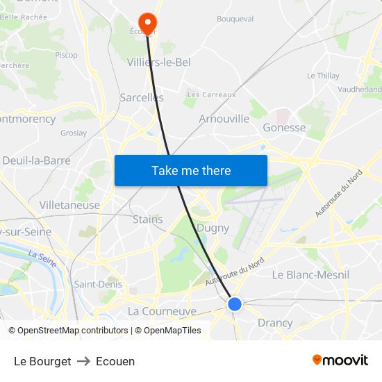 Le Bourget to Ecouen map