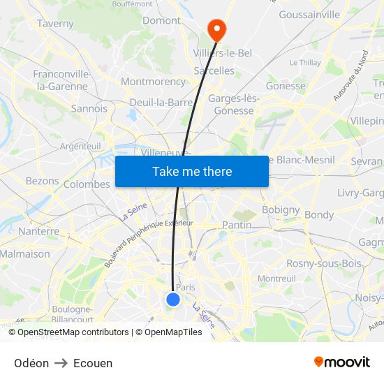 Odéon to Ecouen map