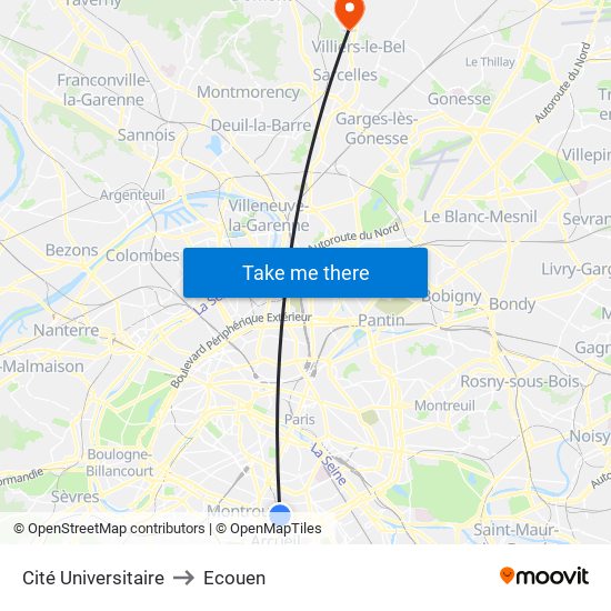 Cité Universitaire to Ecouen map