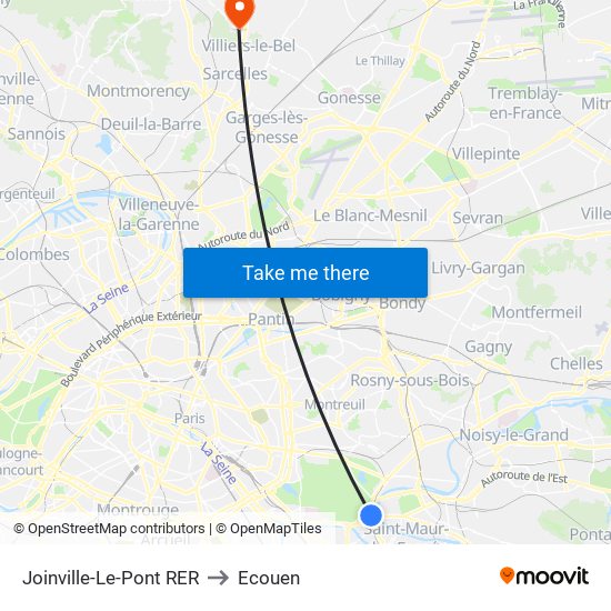 Joinville-Le-Pont RER to Ecouen map