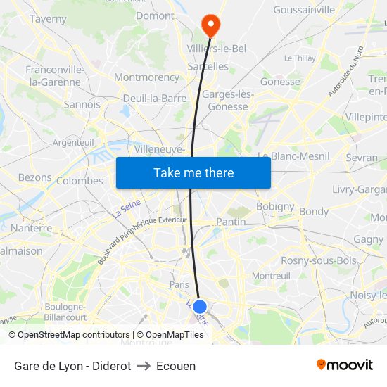 Gare de Lyon - Diderot to Ecouen map