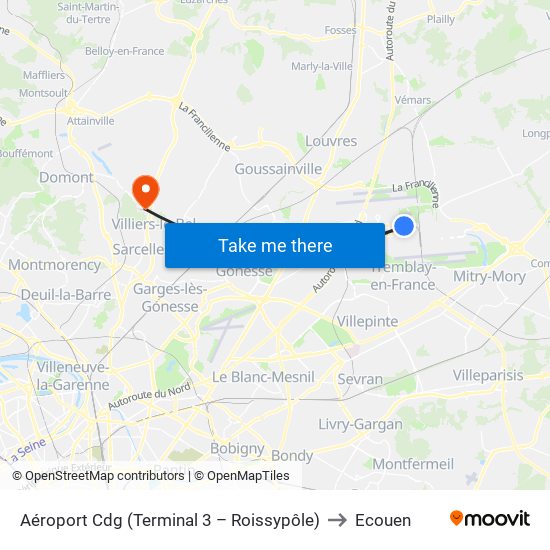 Aéroport Cdg (Terminal 3 – Roissypôle) to Ecouen map