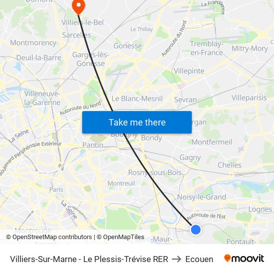 Villiers-Sur-Marne - Le Plessis-Trévise RER to Ecouen map