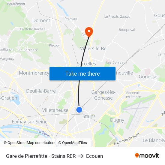 Gare de Pierrefitte - Stains RER to Ecouen map