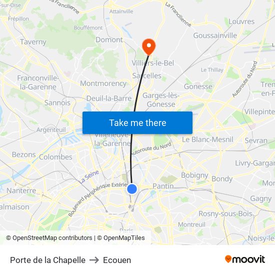 Porte de la Chapelle to Ecouen map