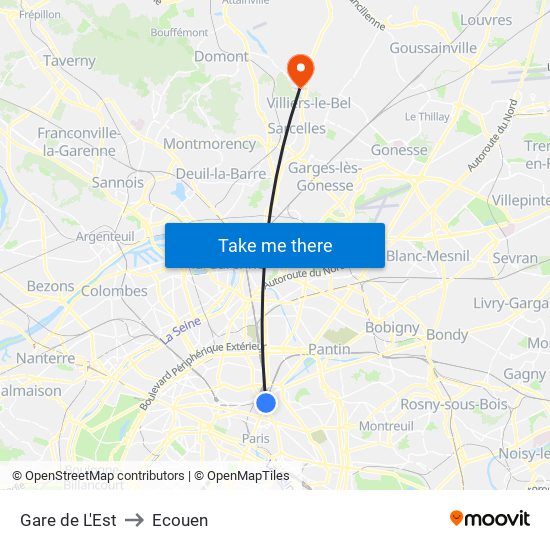 Gare de L'Est to Ecouen map