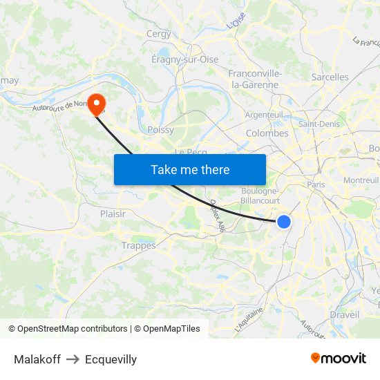 Malakoff to Ecquevilly map