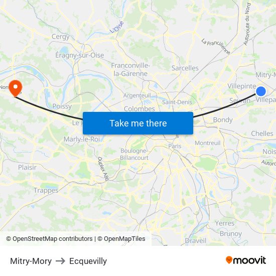 Mitry-Mory to Ecquevilly map