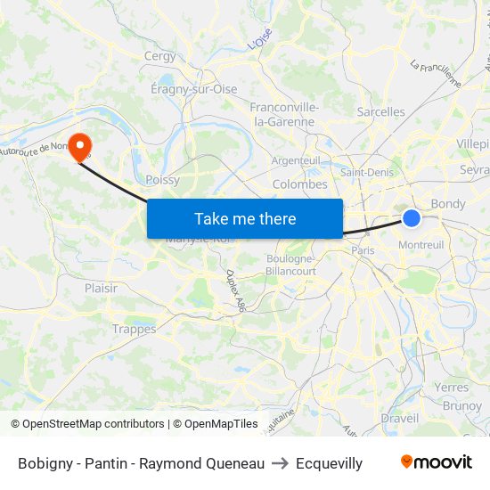 Bobigny - Pantin - Raymond Queneau to Ecquevilly map